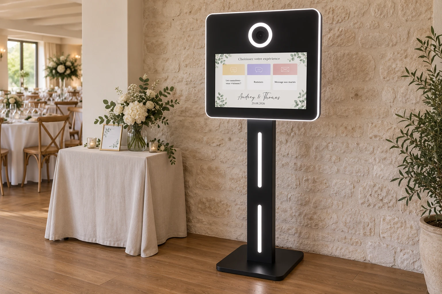 La StoryBox installée pendant une soirée : écran tactile sur trépied, avec caméra et anneau lumineux